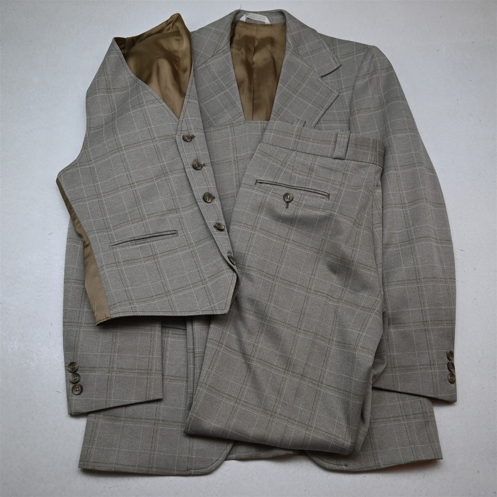 Vtg 70s 80s 3 Piece 36R 30x32 Tan Khaki Windowpane Check Vest Bootcut Mens Suit